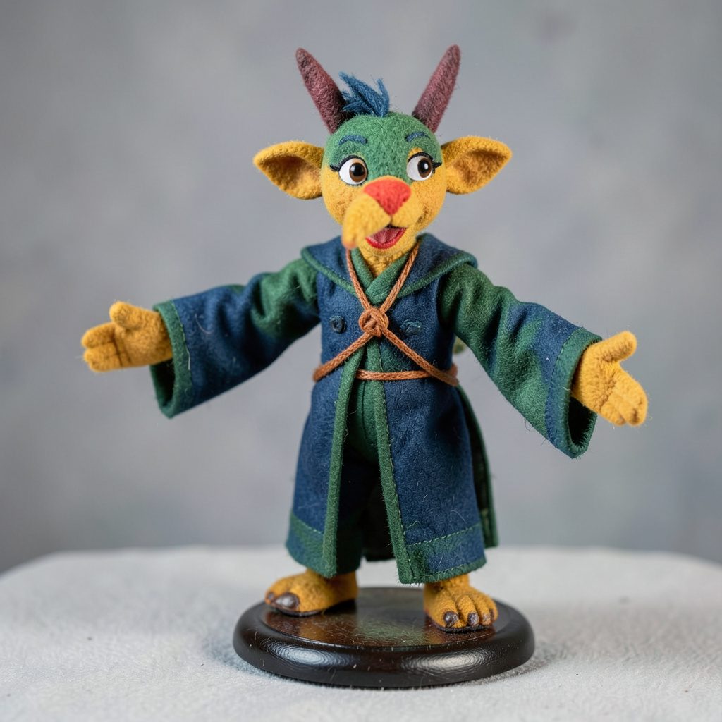 A performer manipulating a expressive puppet under soft stage lighting, with deep indigo and warm amber hues